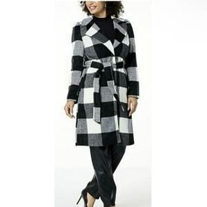 G by Giuliana Black Label Buffalo Plaid Belted Wool Blend Duster Trench Coat Lrg